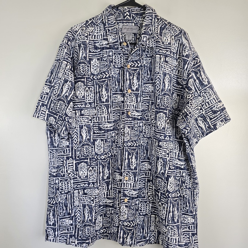 Eddie Bauer Shirt Mens XLT Tall Blue Graphic Button Up Linen Blend Hawaiian.D199